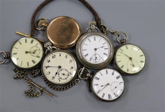 Three silver pocket watches, one gold plated pocket watch and two others.